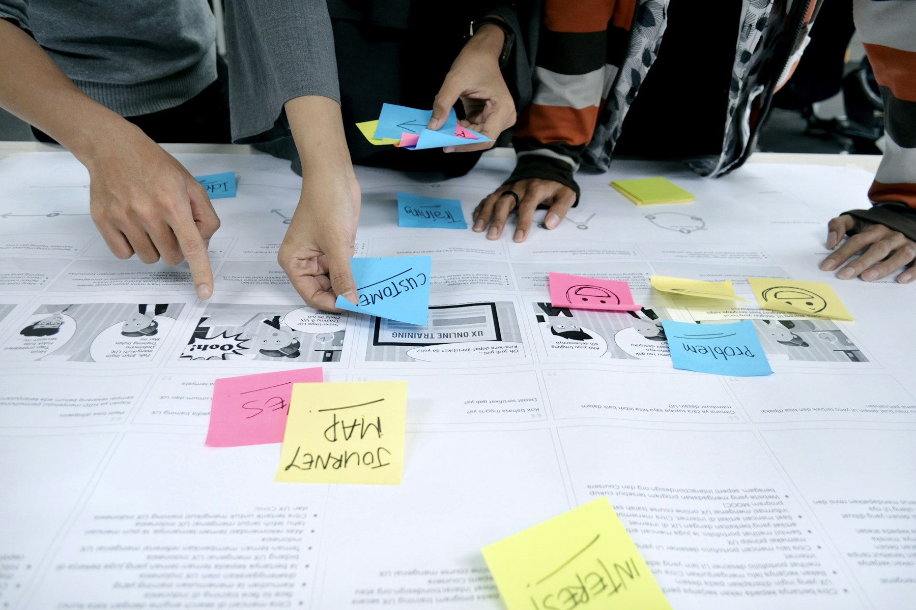 Team mapping market research findings with sticky notes on a table