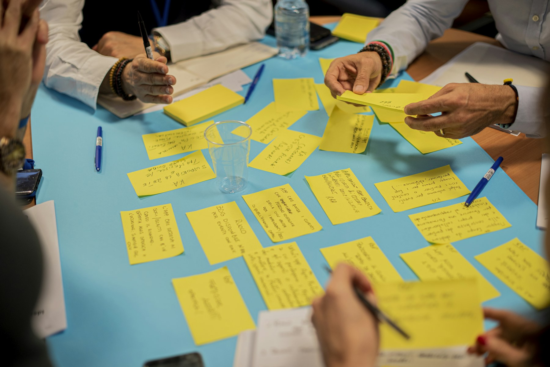 Research team sorting yellow sticky notes to group survey insights